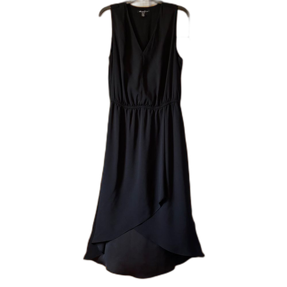 Kenneth Cole NY Black Sleeveless High Low Midi Dress V-Neck Elastic Waist 10 EUC